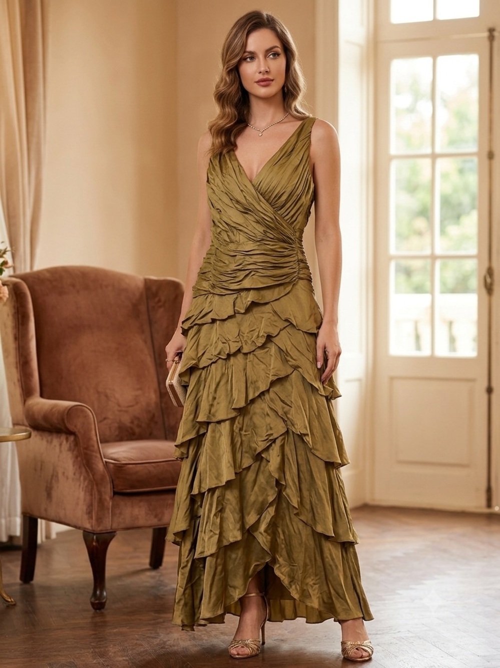 Tadashi Collection Brown Ruffled V-Neck Tiered Maxi Dress 10